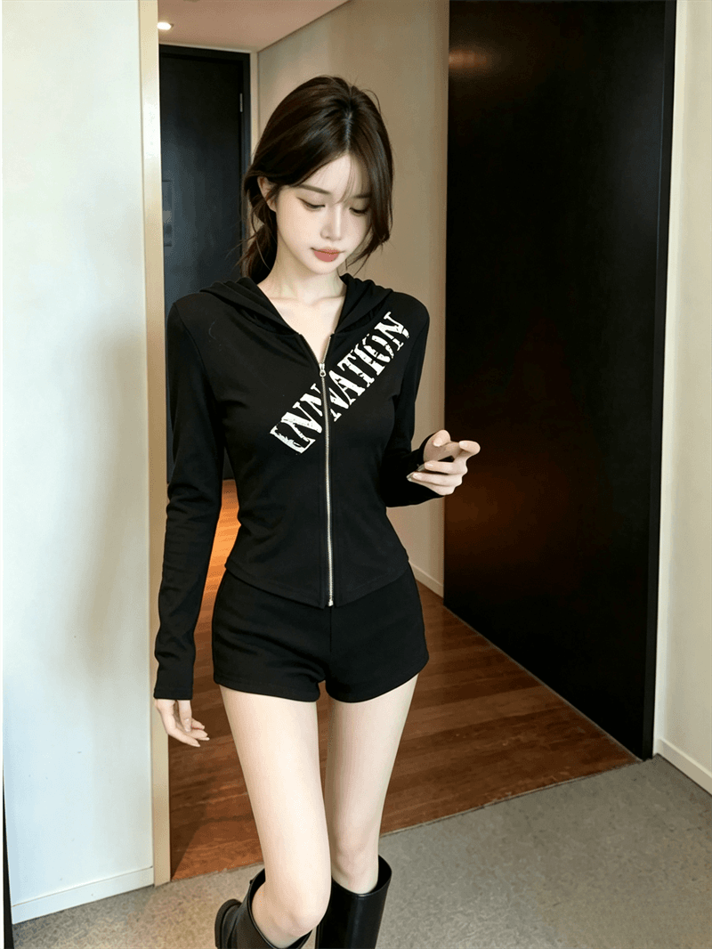 실사 봄 가을 한국 스타일 후드 패치워크 긴팔 무거운 작업 지퍼 섹션 몸매 가꾸기 디자인 센스 쇼트 스타일 핫걸 오픈 가디건 티셔츠 상세 이미지 11