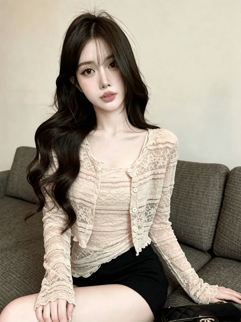 실사 가을 달콤함 레이스 홀로우 아웃 긴팔 몸매 가꾸기 자외선 차단 오픈 가디건 티셔츠 이중층 레이스 슬립 투피스 세트 상세 이미지 3