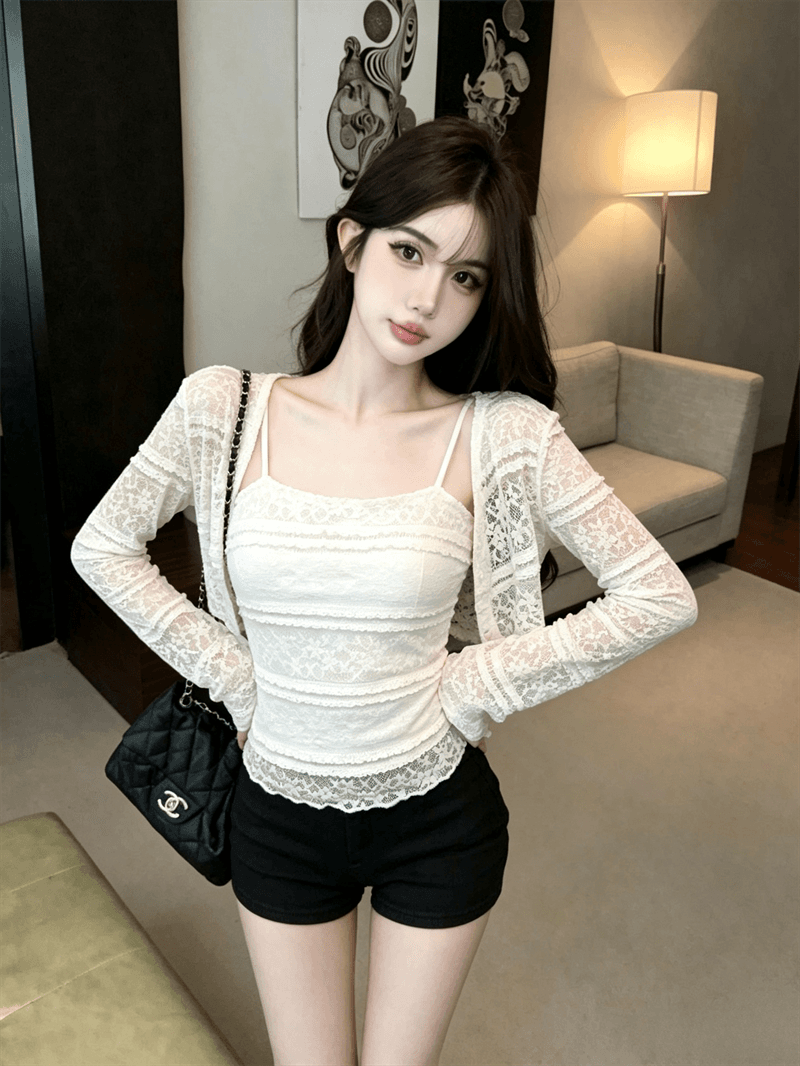 실사 가을 달콤함 레이스 홀로우 아웃 긴팔 몸매 가꾸기 자외선 차단 오픈 가디건 티셔츠 이중층 레이스 슬립 투피스 세트 상세 이미지 7