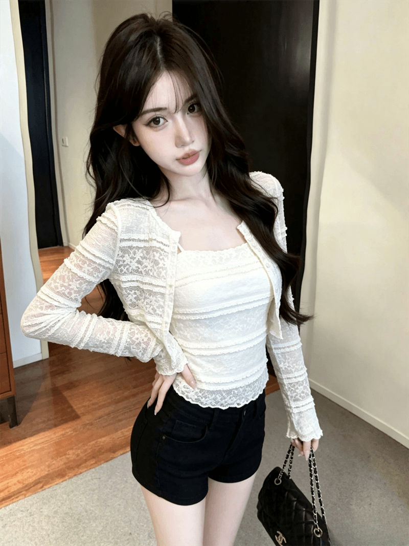 실사 가을 달콤함 레이스 홀로우 아웃 긴팔 몸매 가꾸기 자외선 차단 오픈 가디건 티셔츠 이중층 레이스 슬립 투피스 세트 상세 이미지 8