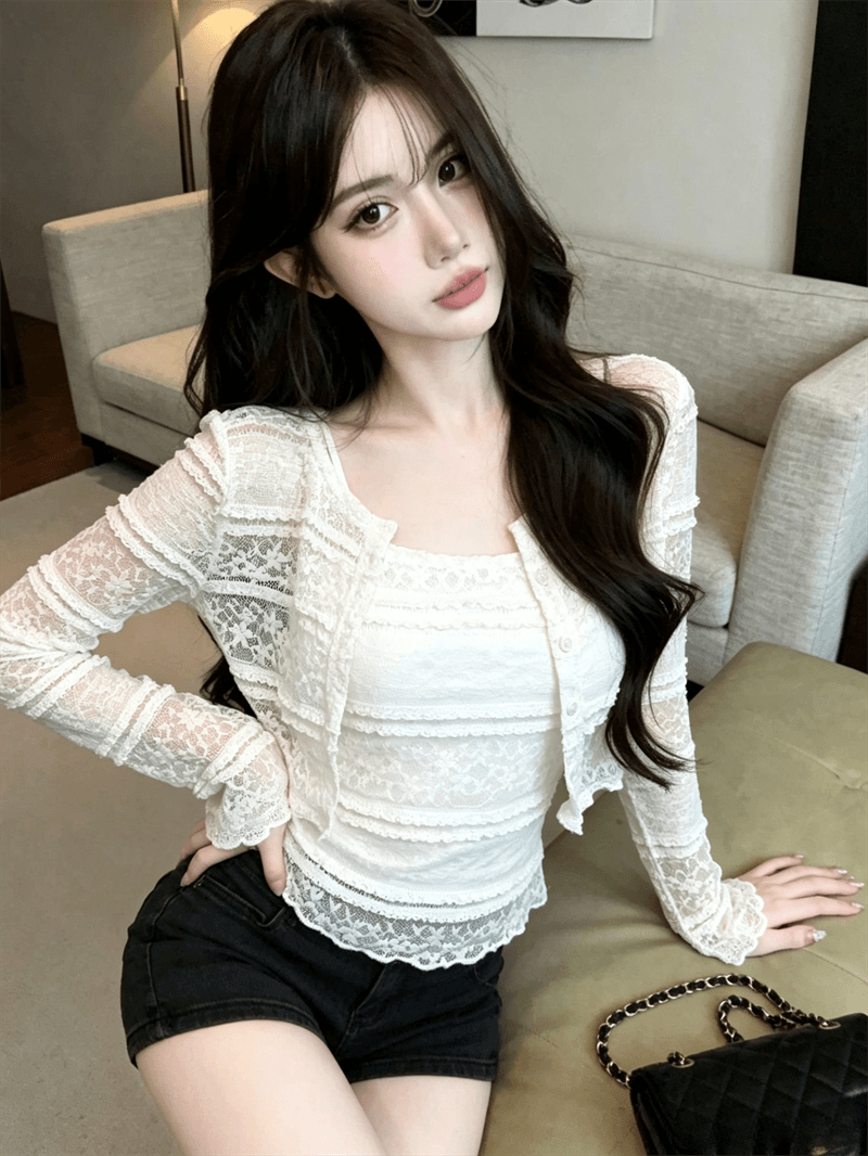 실사 가을 달콤함 레이스 홀로우 아웃 긴팔 몸매 가꾸기 자외선 차단 오픈 가디건 티셔츠 이중층 레이스 슬립 투피스 세트 상세 이미지 9