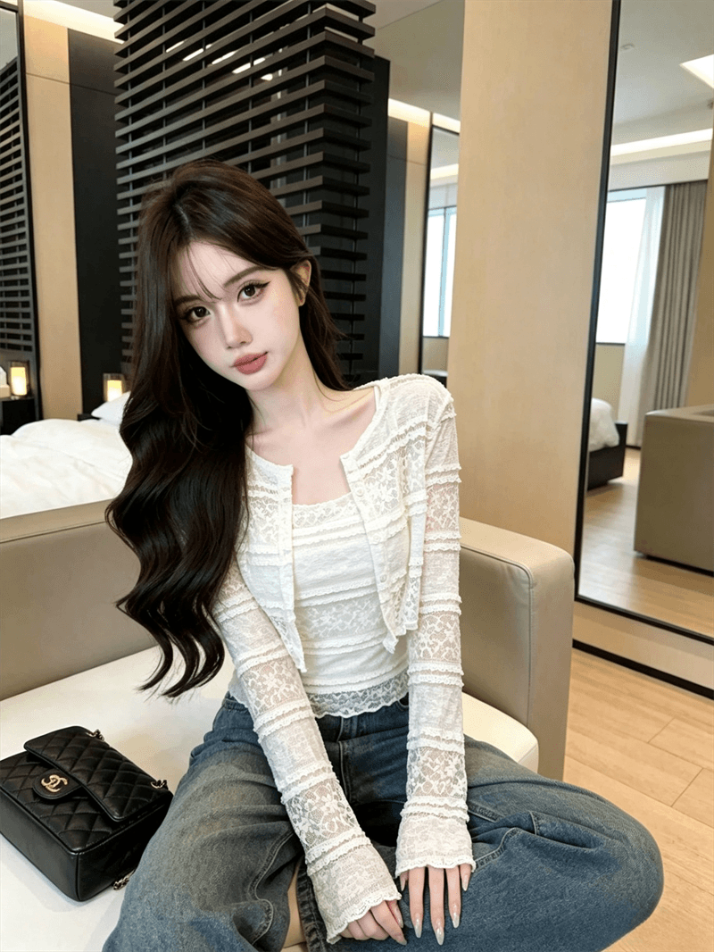 실사 가을 달콤함 레이스 홀로우 아웃 긴팔 몸매 가꾸기 자외선 차단 오픈 가디건 티셔츠 이중층 레이스 슬립 투피스 세트 상세 이미지 10