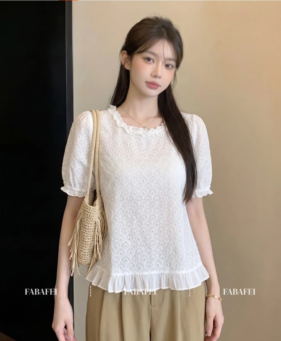한 부서 홀로우 아웃 자수 반팔 여성 셔츠 여름 프릴 루즈핏 슬림해 보이는 고유 한 아름다운 연령 감소 작은 셔츠 맨위 상세 이미지 1