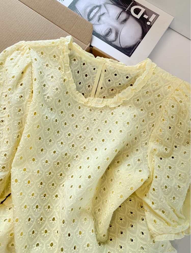 한 부서 홀로우 아웃 자수 반팔 여성 셔츠 여름 프릴 루즈핏 슬림해 보이는 고유 한 아름다운 연령 감소 작은 셔츠 맨위 상세 이미지 4
