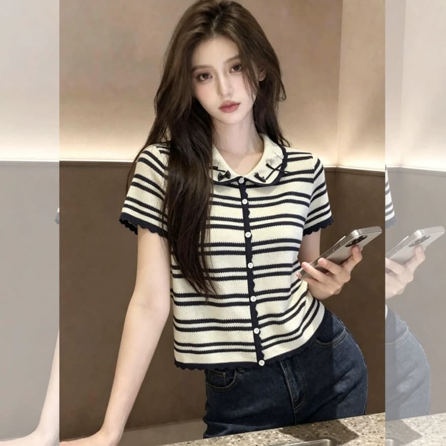 스트라이프 니트 오픈 가디건 여성 이른 가을 작은 키 아름다운 나비 매듭 POLO 칼라 반팔 티셔츠 기본 셔츠 맨위 여름 상세 이미지 2