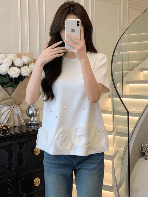 작은 키 진주 3 차원 꽃 라운드 넥 반팔 티셔츠 여성 여름 디자인 센스 패션 다용도 슬림해 보이는 맨위 트렌디