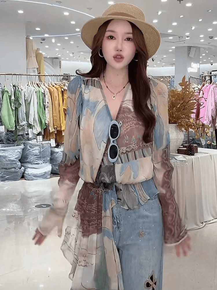 한국 스타일 패션 디자인 센스 불규칙 긴팔 프린트 여성 셔츠 2026 새로운 외국 가스 Chic 허리 수축 맨위 트렌디 이미지 3