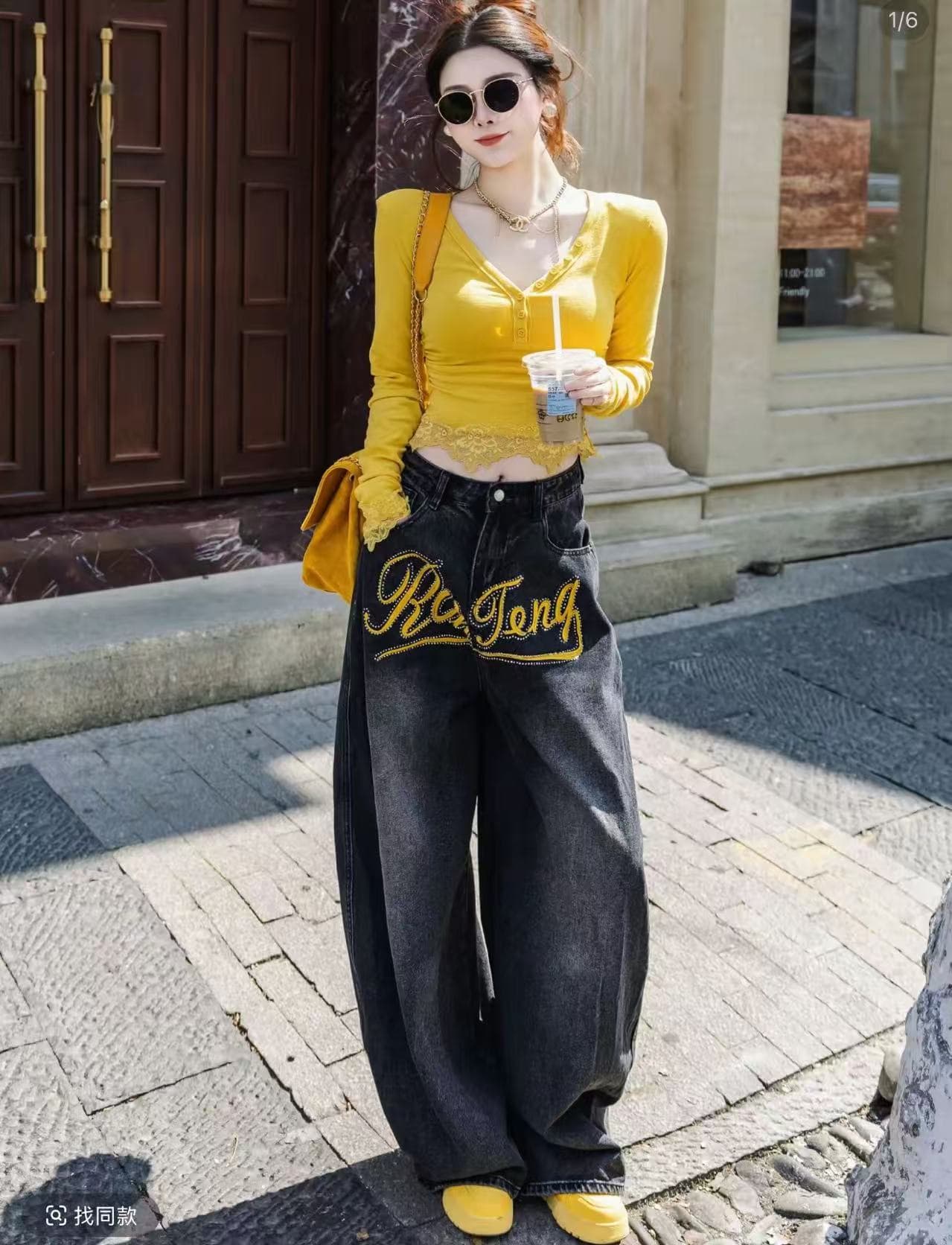 sister 자매 홈 단추 슬림해 보이는 레이스 조각 만나는 핫픽스 자수 알파벳 루즈핏 넓은 다리 청바지 상세 이미지 2