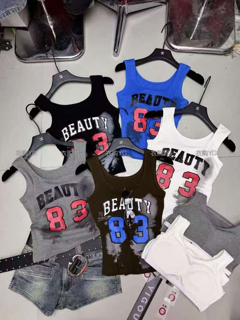 벨트 가슴 패드 달콤한 핫걸 아메리칸 레트로 beauty83 숫자 프린트 조끼 여성 여름 쇼트 스타일 민소매 맨위