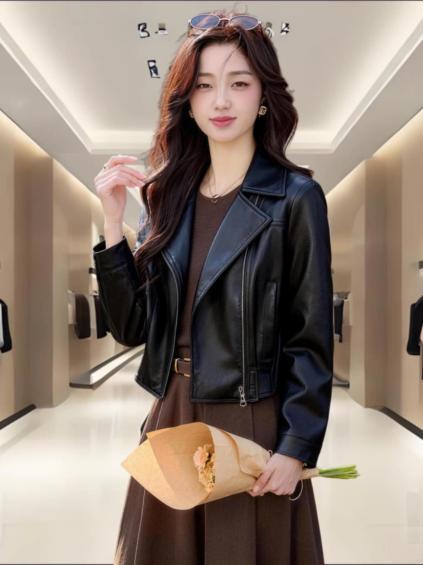 하이닝 진짜 가죽 가죽 재킷 여성 짧은 2026 년 새로운 폭발 한국 스타일 슬림해 보이는 작은 키 오토바이 양 가죽 자켓 이미지 2