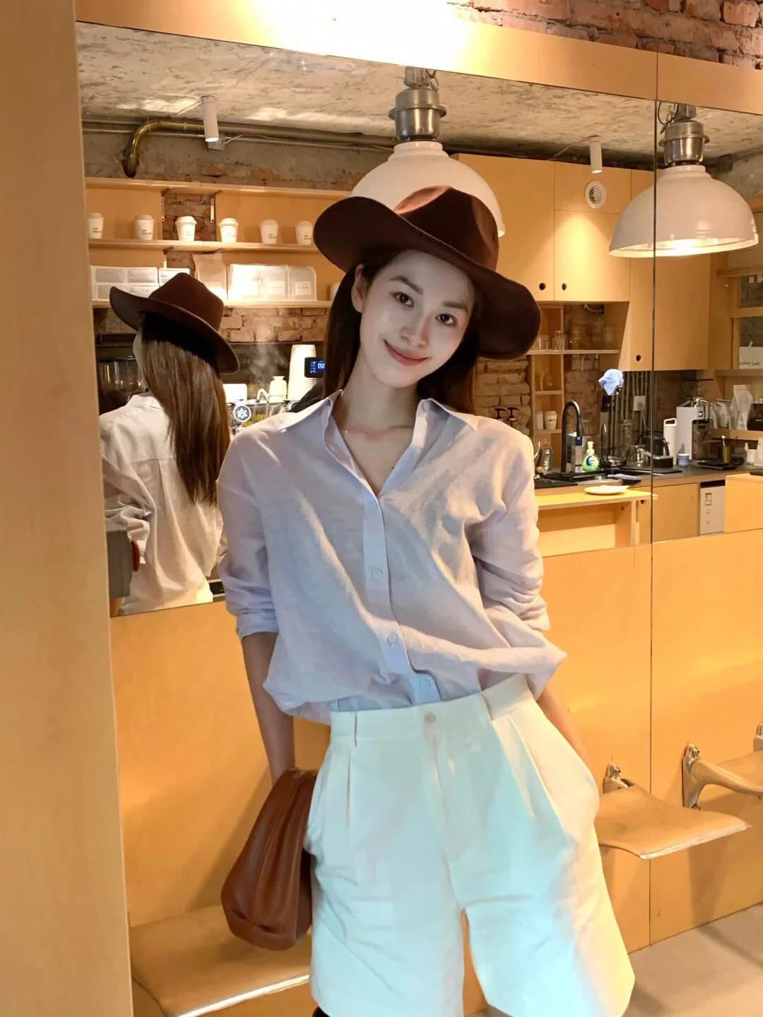 한 부서 전체 집합 ootd 착용 가져 가라. 느긋한 느슨함 센스 아마 질감 보라색 셔츠 반바지 캐주얼 세트 봄 여름 이미지 4