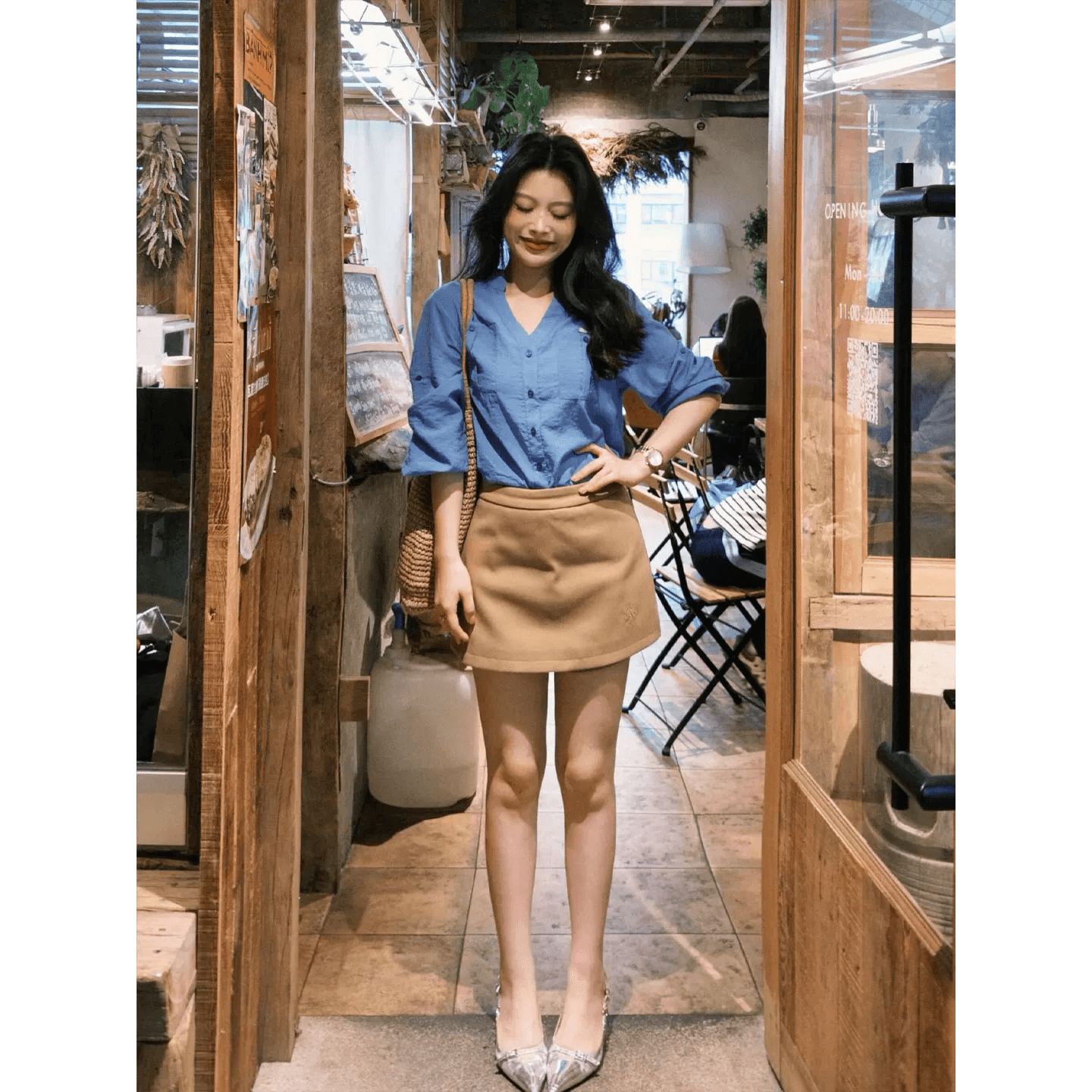 빛 사람들 코치 전체 집합 착용 가져 가라. 품격 오래된 돈 바람 V 넥 셔츠 맨위 하이웨이스트 반신 스커트 느슨함 센스 세트 이미지 5