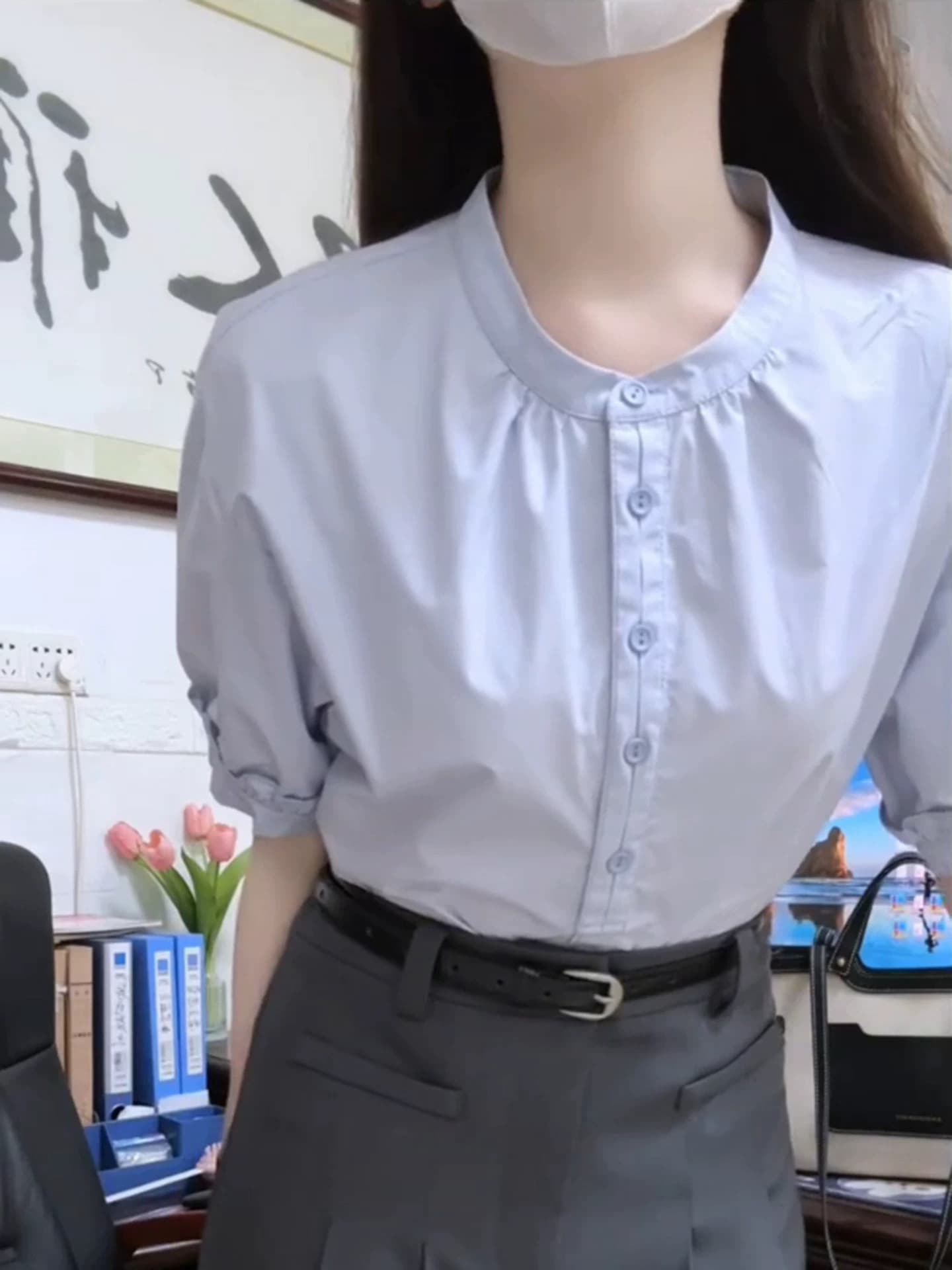 파란색 반팔 여성 셔츠 대학생 댓글 품격 라운드 넥 출퇴근 셔츠 슈퍼 잘 생긴 치마 세트 이미지 4