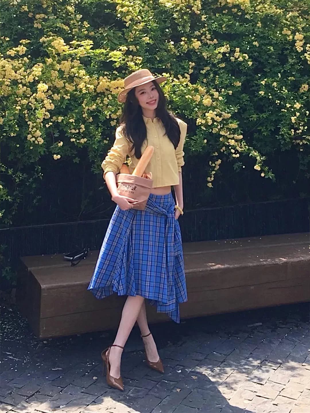 한 부서 전체 집합 ootd 착용 가져 가라. 작은 키 짧은 셔츠 블루 체크무늬 불규칙 스트랩 반신 치마 세트 이미지 3