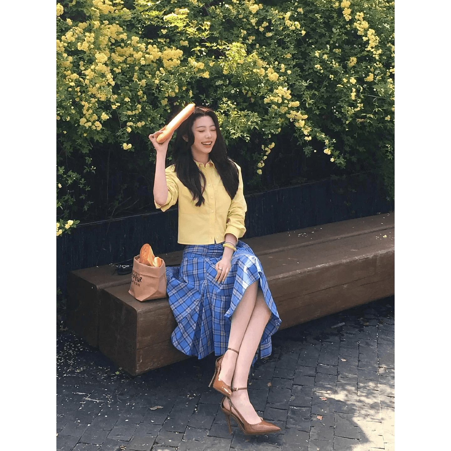 한 부서 전체 집합 ootd 착용 가져 가라. 작은 키 짧은 셔츠 블루 체크무늬 불규칙 스트랩 반신 치마 세트 이미지 5