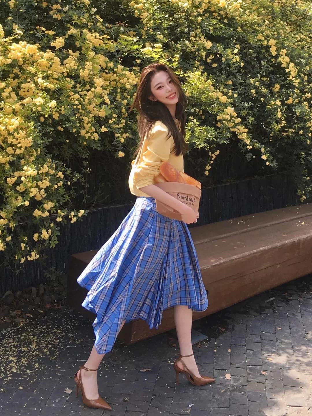 한 부서 전체 집합 ootd 착용 가져 가라. 작은 키 짧은 셔츠 블루 체크무늬 불규칙 스트랩 반신 치마 세트 상세 이미지 1