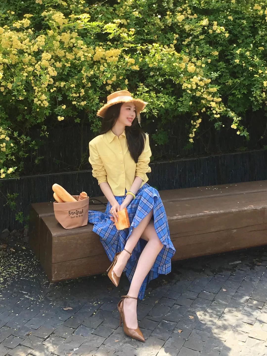 한 부서 전체 집합 ootd 착용 가져 가라. 작은 키 짧은 셔츠 블루 체크무늬 불규칙 스트랩 반신 치마 세트 상세 이미지 2