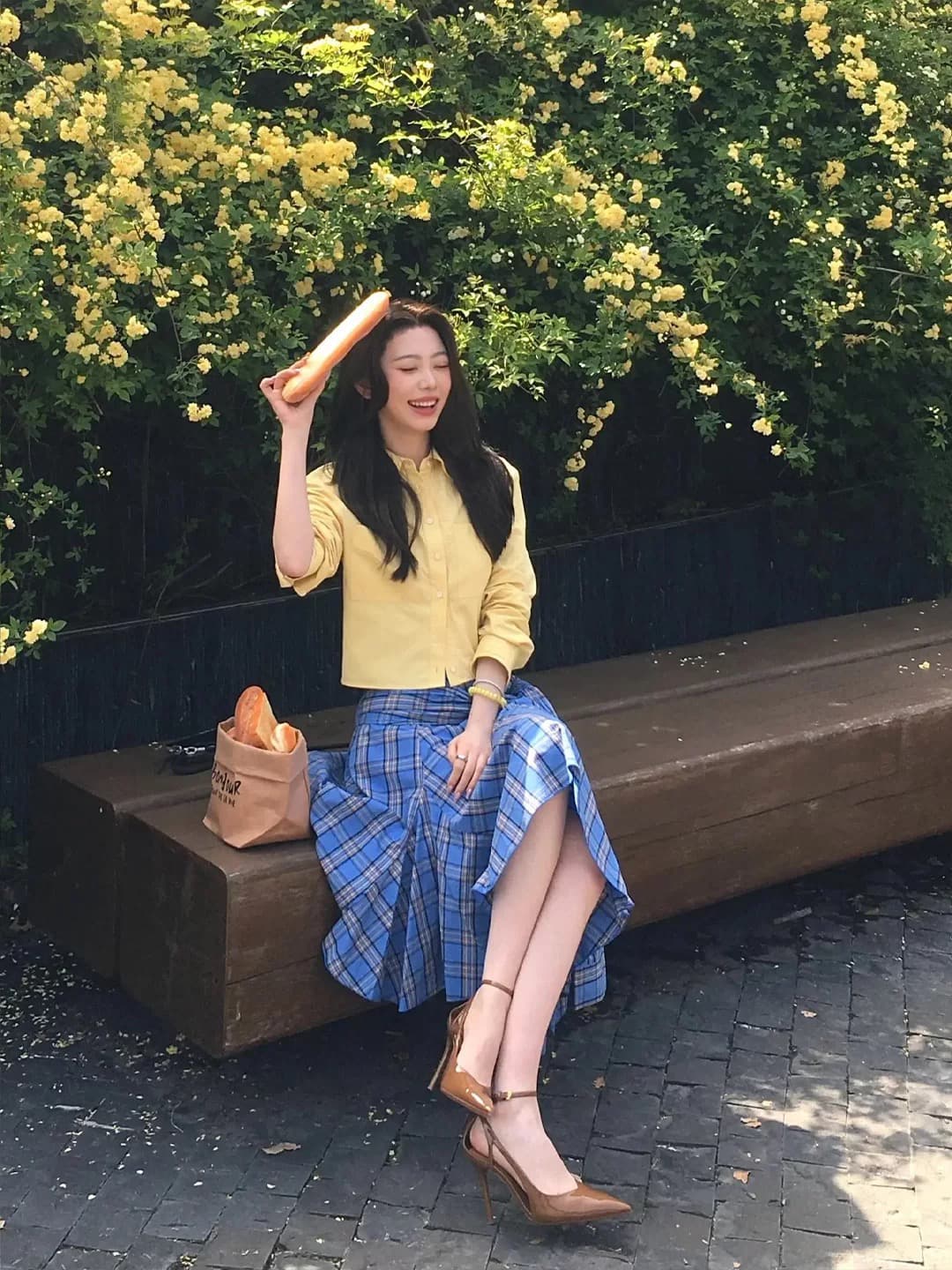 한 부서 전체 집합 ootd 착용 가져 가라. 작은 키 짧은 셔츠 블루 체크무늬 불규칙 스트랩 반신 치마 세트 상세 이미지 5