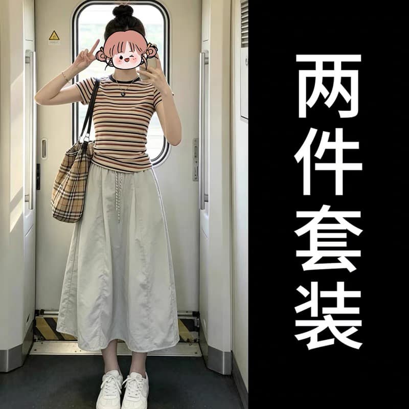 작은 키 스트라이프 반팔 드레스 아이들 여름 2026 새로운 한 부서 그레이트 통해보기 가져 가라. 에이즈 환자 세트 롱 스커트 이미지 4