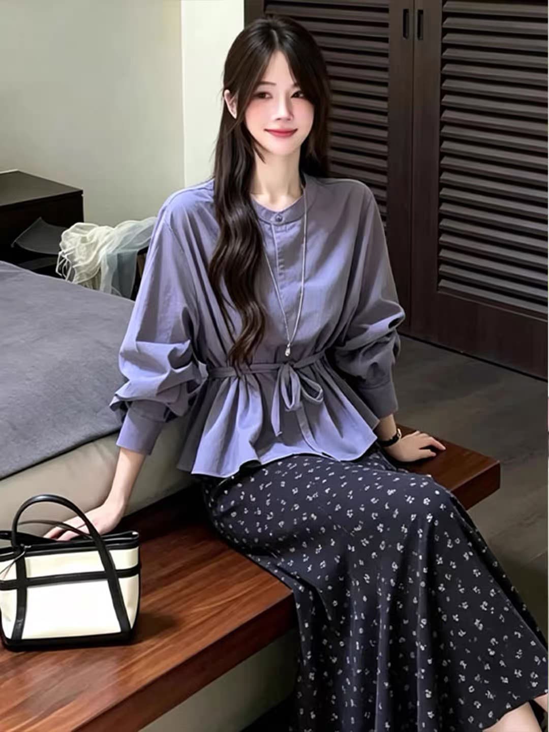 스탠드 칼라 허리 수축 레이스업 긴팔 셔츠 꽃무늬 큰 진자 반신 스커트 한 부서 출퇴근 미니멀리즘 다용도 슬림해 보이는 투피스 세트