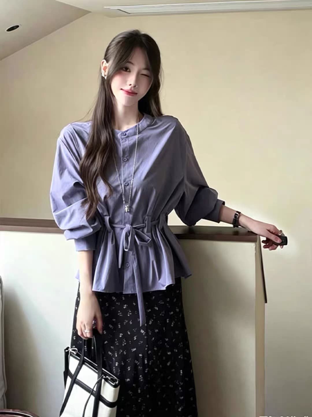 스탠드 칼라 허리 수축 레이스업 긴팔 셔츠 꽃무늬 큰 진자 반신 스커트 한 부서 출퇴근 미니멀리즘 다용도 슬림해 보이는 투피스 세트 이미지 2