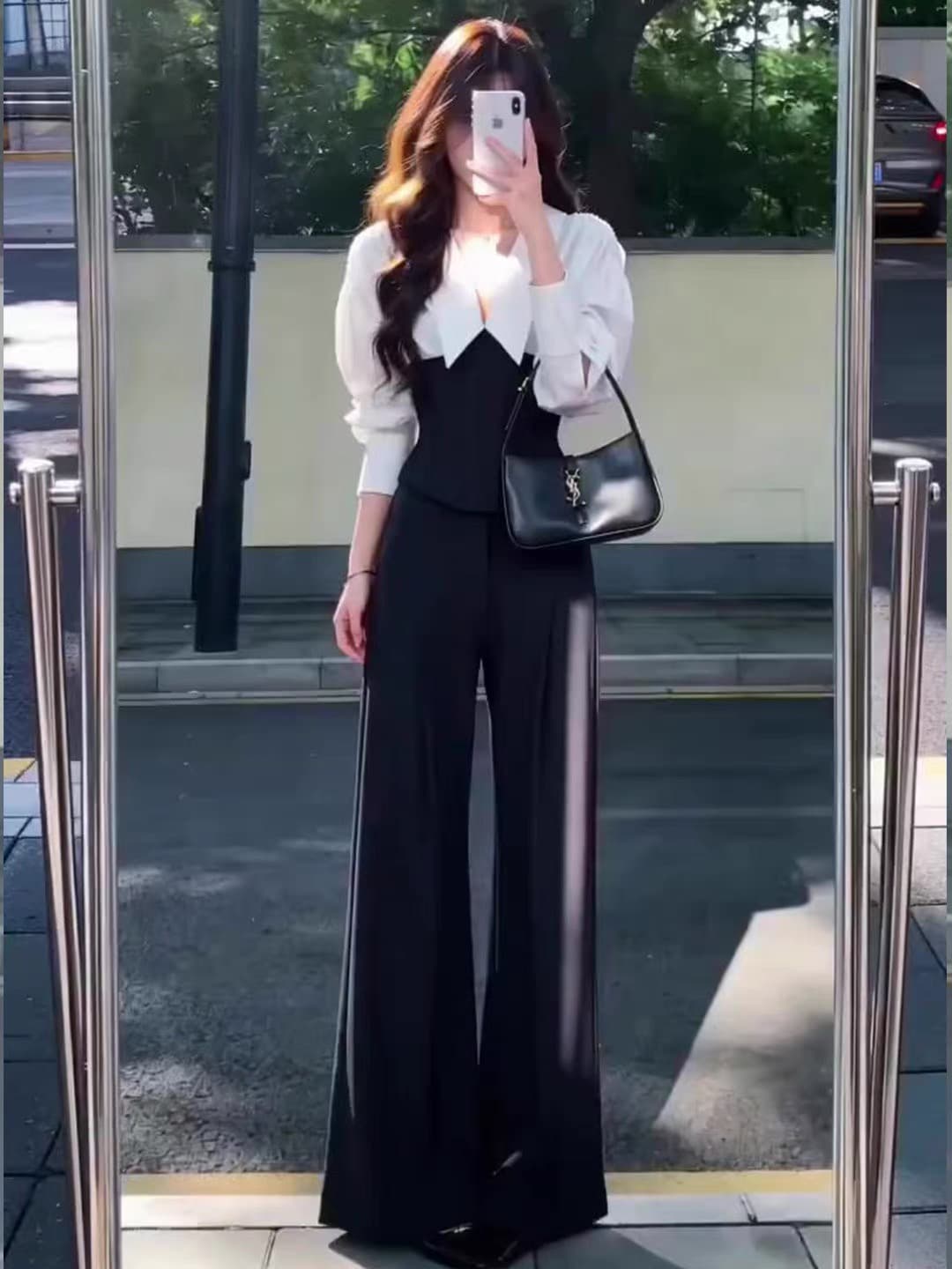 빛 럭셔리 바람 화이트 폴로 칼라 패치워크 여성 셔츠 가을 새로운 점잖은 바람 품격 출퇴근 와이드 레그 팬츠 투피스 세트