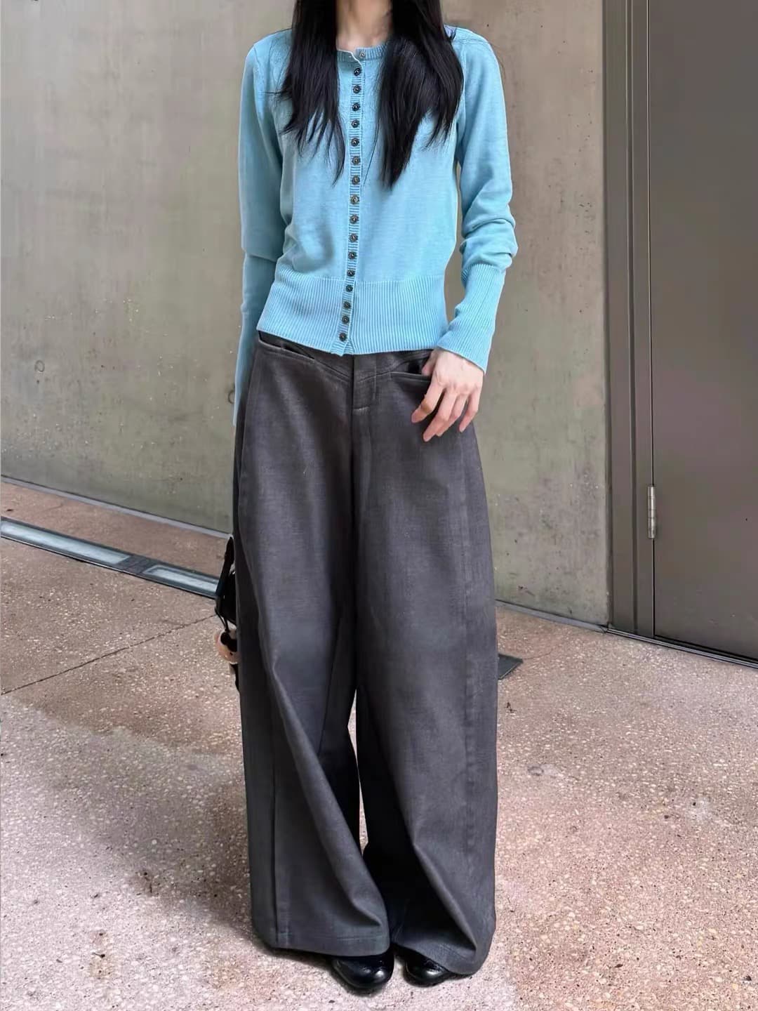 이른 가을 빛 사람들 높음 지혜 센스 착용 가져 가라. 한 부서 파란색 니트 오픈 가디건 하이웨이스트 와이드 레그 팬츠 패션 출퇴근 캐주얼 세트 상세 이미지 5