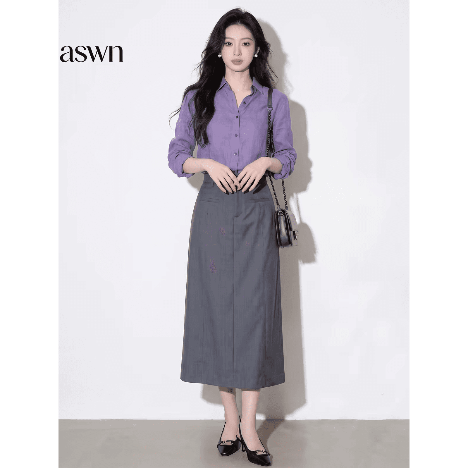프랑스식 높음 지혜 센스 착용 가져 가라. 향기로운 芋 보라색 셔츠 회색 정장 반신 스커트 투피스 슈트 여성 이른 가을 2026 새로운 이미지 5