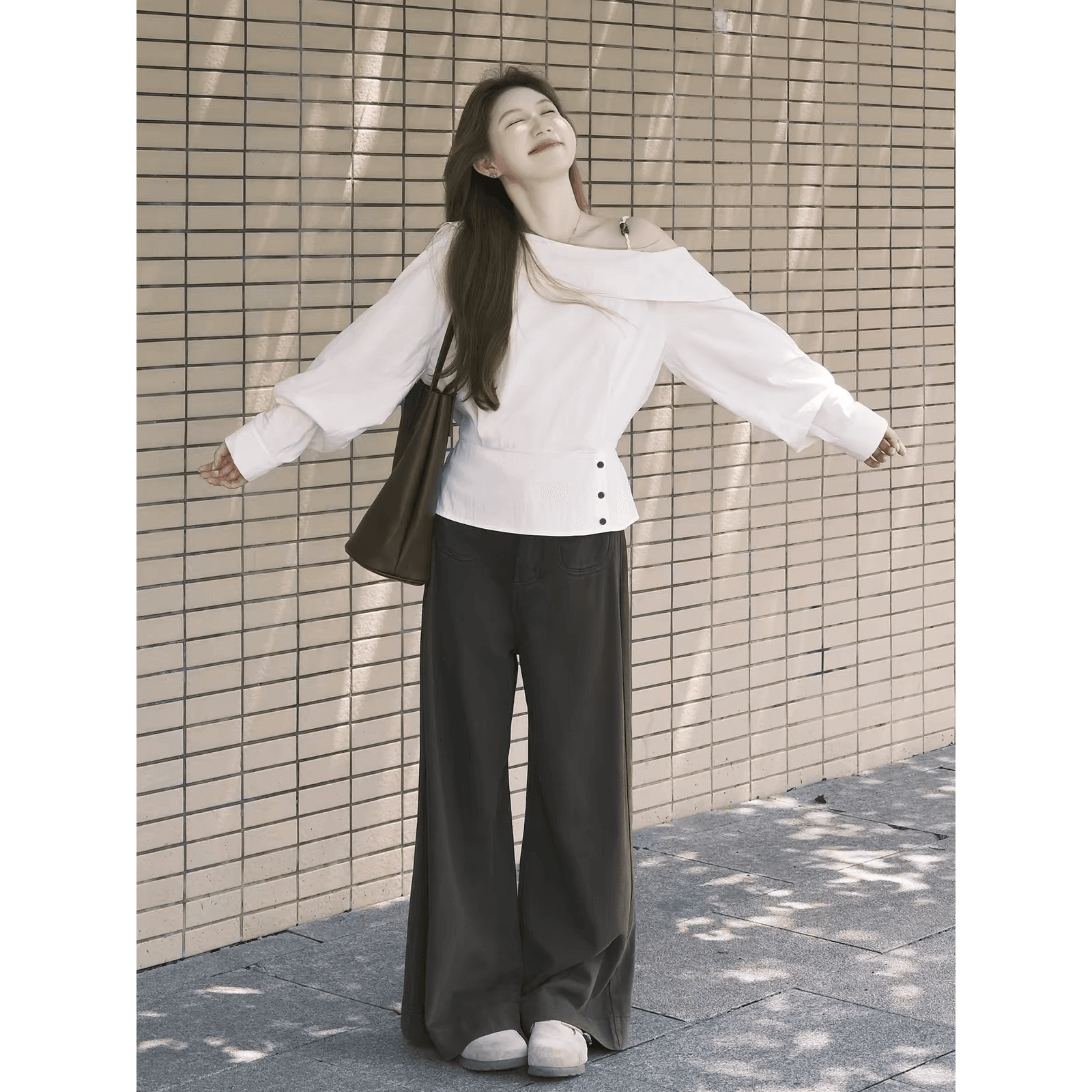 프랑스식 핑크색 프릴 벌룬 소매 여성 셔츠 디스플레이 높음 슬림해 보이는 캐주얼 넓은 다리 길이 바지 이미지 5