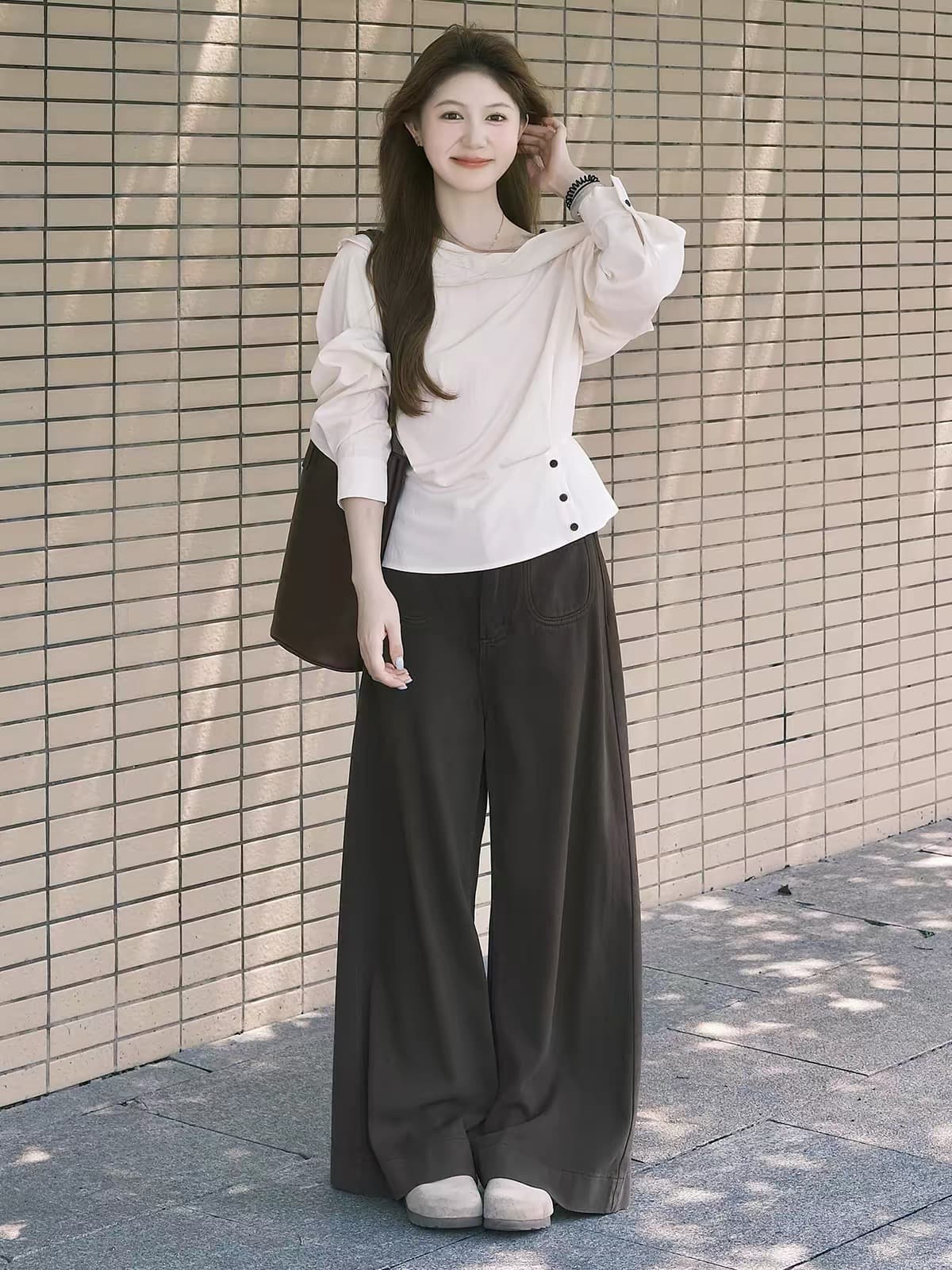 프랑스식 핑크색 프릴 벌룬 소매 여성 셔츠 디스플레이 높음 슬림해 보이는 캐주얼 넓은 다리 길이 바지 상세 이미지 1