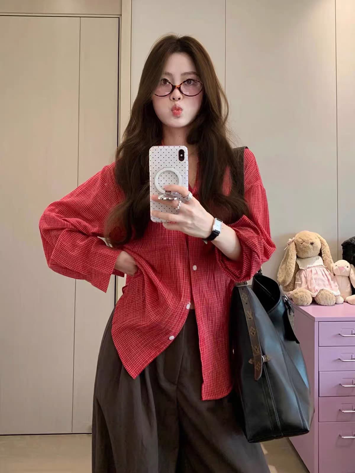빛 요리 한 코치 착용 가져 가라. 에이즈 환자 여성 세트 가을 레트로 빨간색 좋은 체크무늬 셔츠 하이웨이스트 와이드 레그 팬츠 캐주얼 세트 이미지 3
