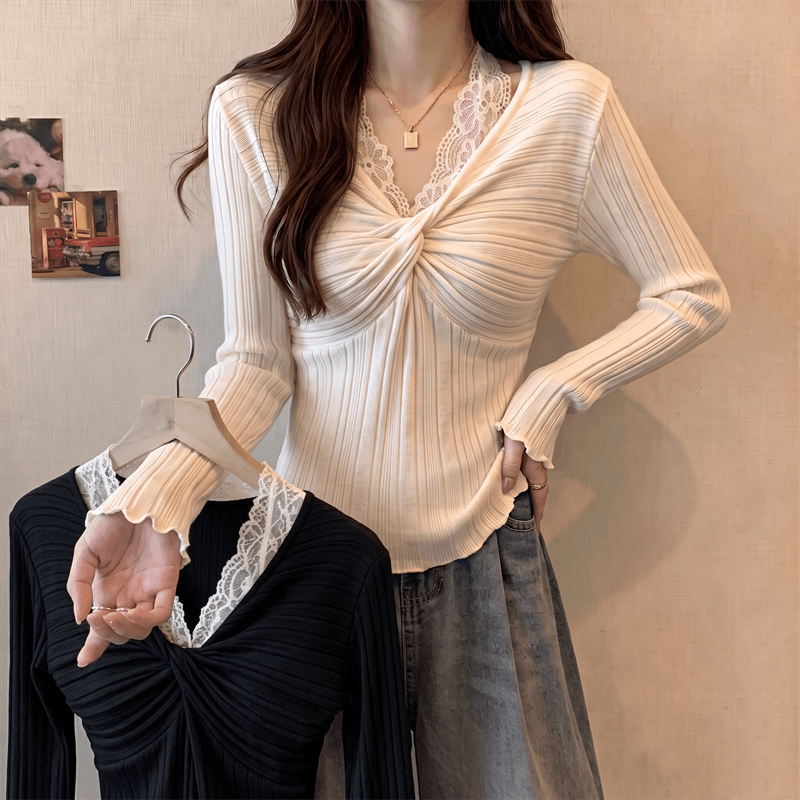 실사 가을 지방 mm 프랑스식 디자인 센스 레이스 조각 행침 목 외국 가스 슬림해 보이는 긴팔 니트 스웨터 티셔츠 상세 이미지 2