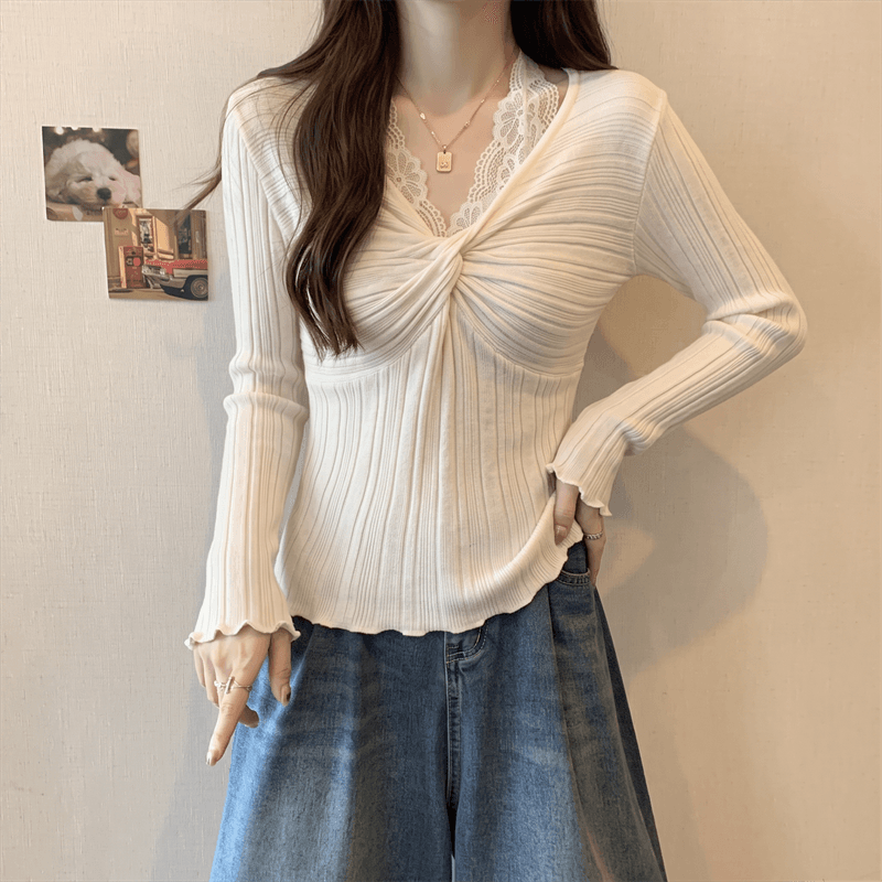 실사 가을 지방 mm 프랑스식 디자인 센스 레이스 조각 행침 목 외국 가스 슬림해 보이는 긴팔 니트 스웨터 티셔츠 상세 이미지 4