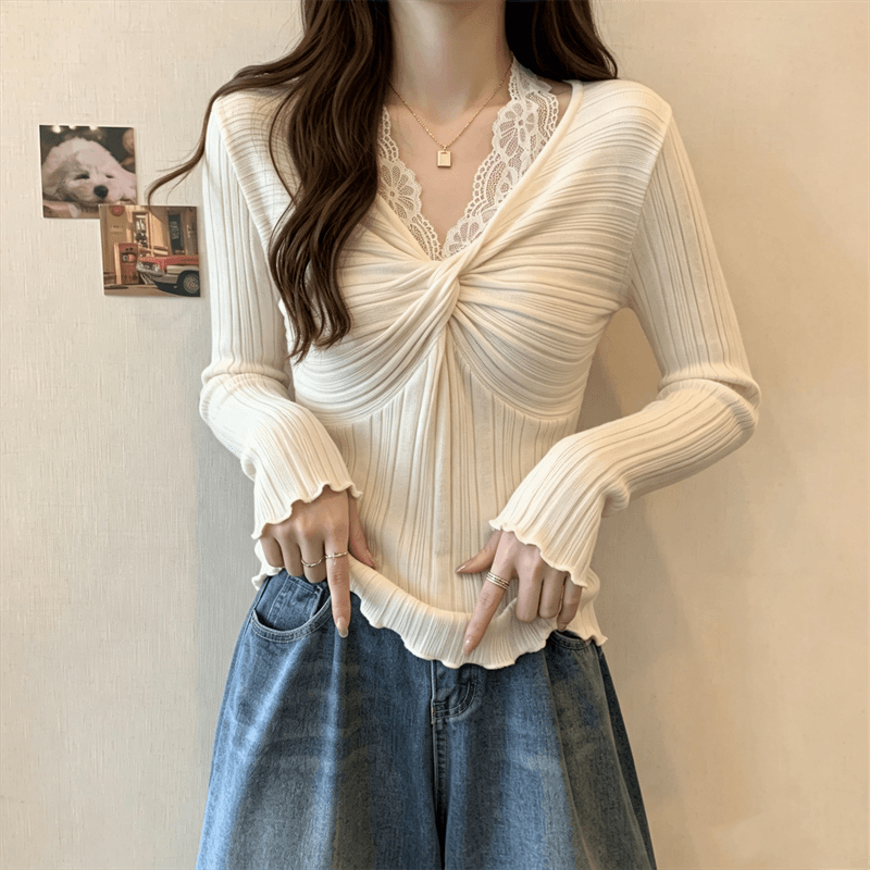 실사 가을 지방 mm 프랑스식 디자인 센스 레이스 조각 행침 목 외국 가스 슬림해 보이는 긴팔 니트 스웨터 티셔츠 상세 이미지 7
