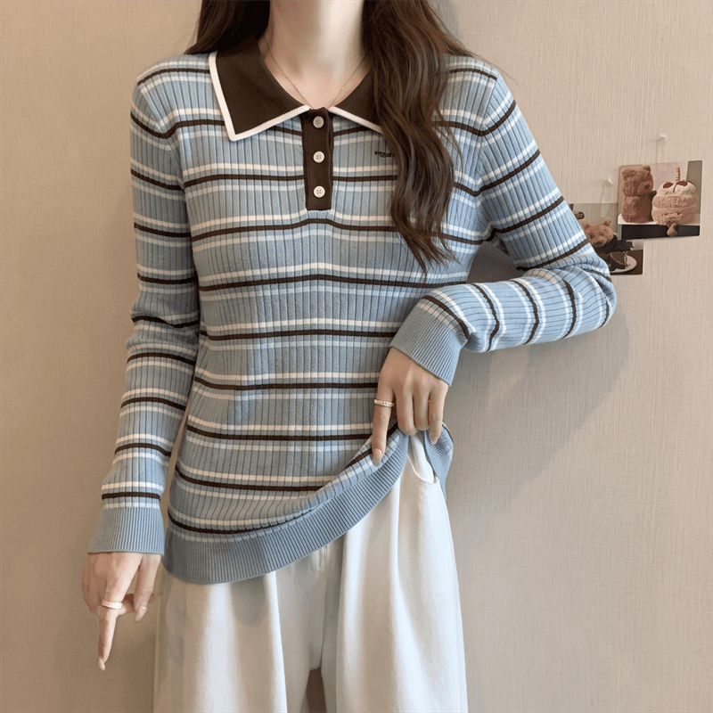 실사 가을 지방 mm 프랑스식 POLO 칼라 디자인 패치워크 스트라이프 알파벳 외국 가스 슬림해 보이는 긴팔 니트 스웨터 티셔츠 상세 이미지 8
