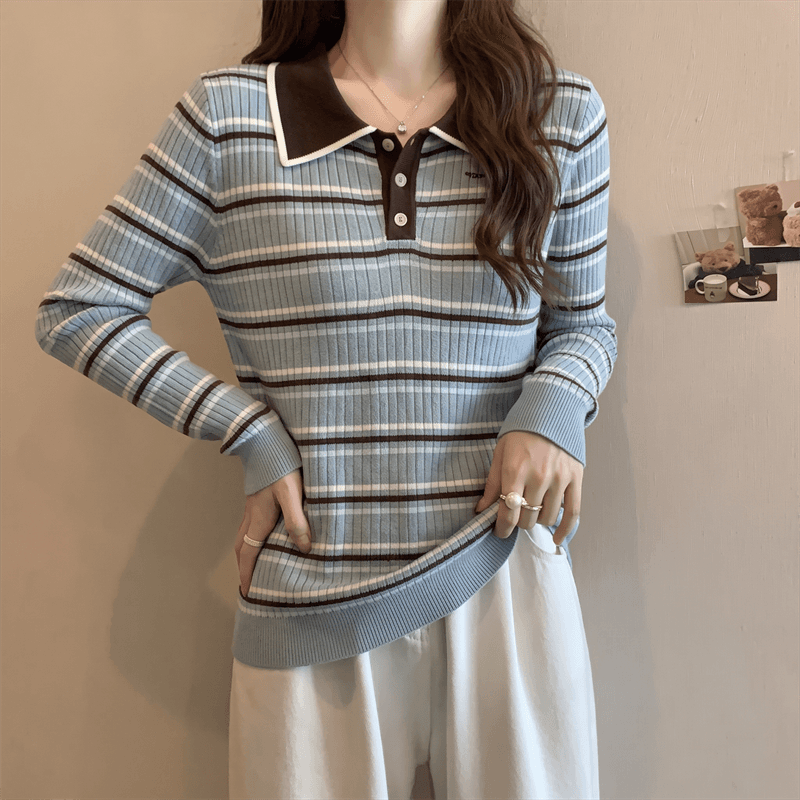 실사 가을 지방 mm 프랑스식 POLO 칼라 디자인 패치워크 스트라이프 알파벳 외국 가스 슬림해 보이는 긴팔 니트 스웨터 티셔츠 상세 이미지 10