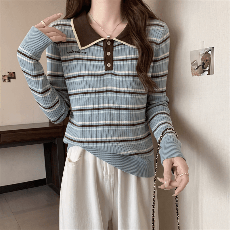 실사 가을 지방 mm 프랑스식 POLO 칼라 디자인 패치워크 스트라이프 알파벳 외국 가스 슬림해 보이는 긴팔 니트 스웨터 티셔츠 상세 이미지 11