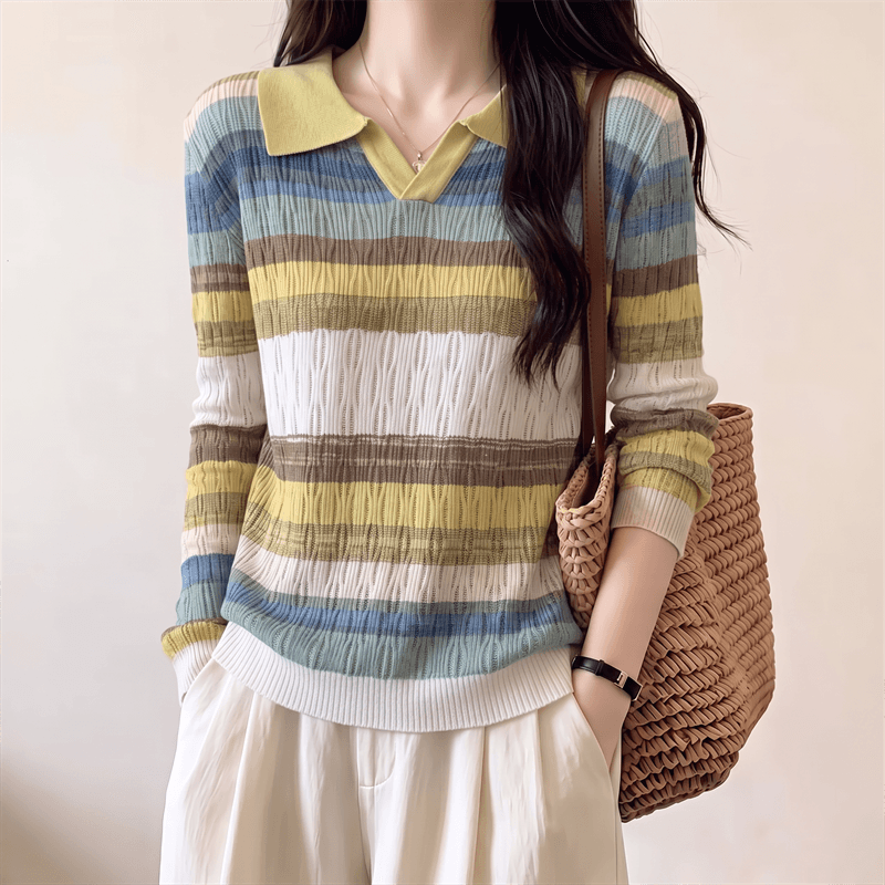 실사 가을 지방 mm 디자인 센스 작은 대중 홀로우 아웃 라운드 넥 무지개 패치워크 색상 스트라이프 긴팔 니트 스웨터 티셔츠 상세 이미지 14