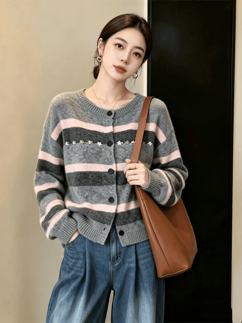 실사 빅 사이즈 프랑스식 레트로 스트라이프 자수 연령 감소 라운드 넥 배색 다용도 루즈핏 슬림해 보이는 니트 스웨터 스웨터 이미지 4