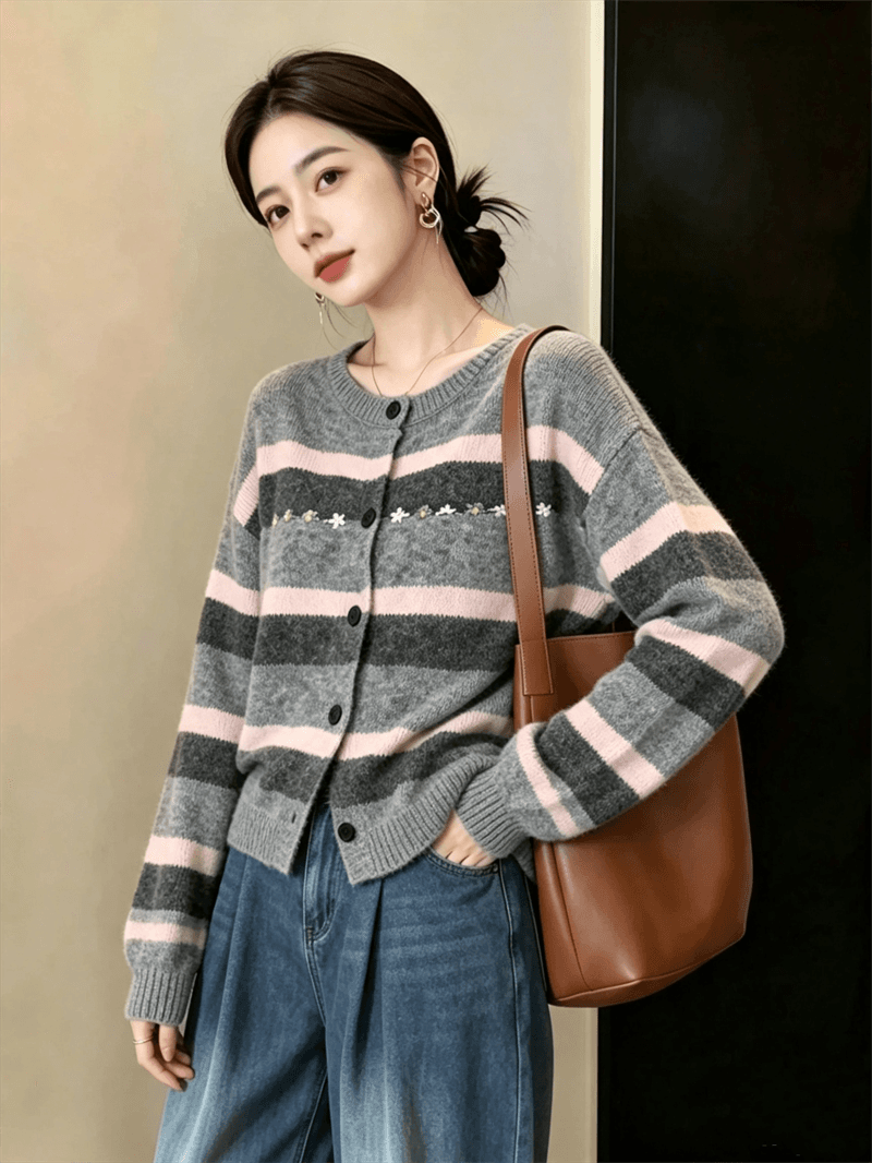 실사 빅 사이즈 프랑스식 레트로 스트라이프 자수 연령 감소 라운드 넥 배색 다용도 루즈핏 슬림해 보이는 니트 스웨터 스웨터 상세 이미지 7
