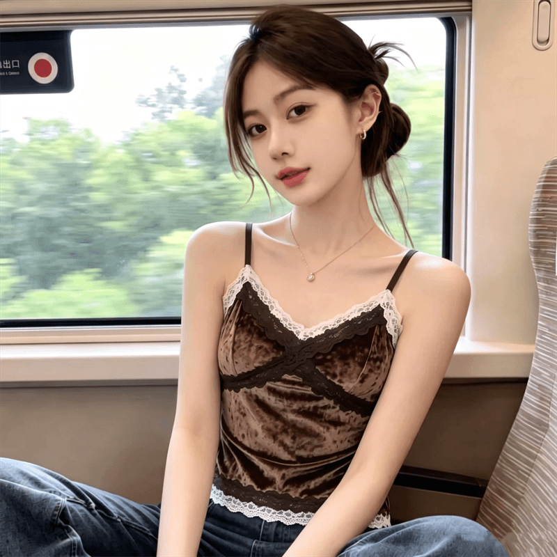 실사 정가 가을 지방 mm 벨벳 레이스 아름다움 뒤로 캐미솔 벨트 가슴 패드 하나 생체 내 가져 가라. 외출용 만나는 이미지 5