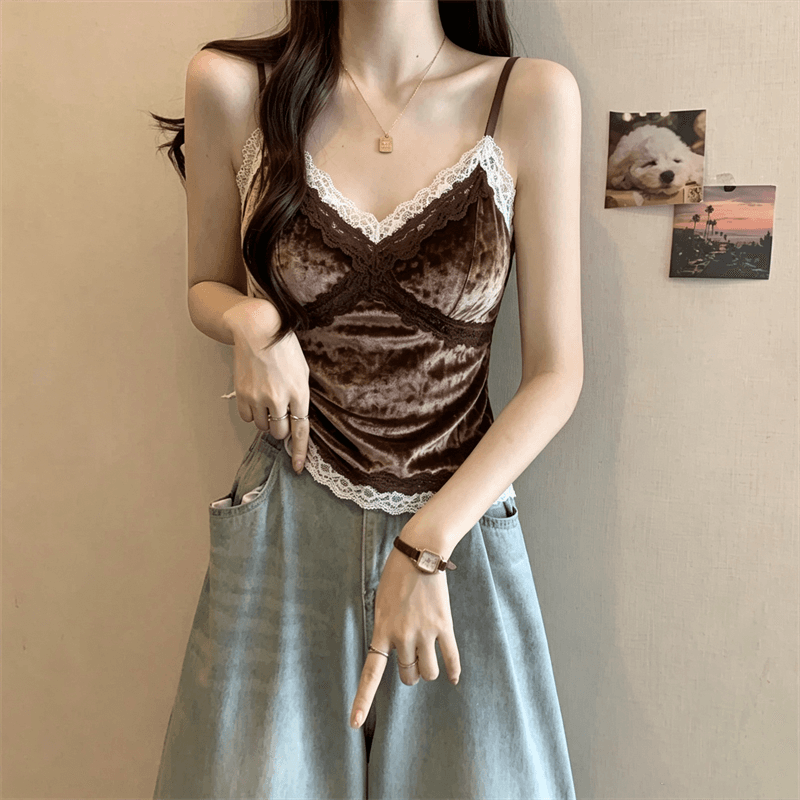 실사 정가 가을 지방 mm 벨벳 패치워크 레이스 아름다움 뒤로 캐미솔 벨트 가슴 패드 하나 생체 내 가져 가라. 외출용 만나는 이미지 3