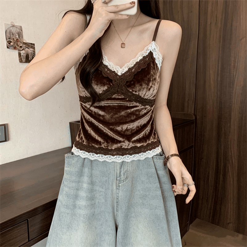 실사 정가 가을 지방 mm 벨벳 패치워크 레이스 아름다움 뒤로 캐미솔 벨트 가슴 패드 하나 생체 내 가져 가라. 외출용 만나는 상세 이미지 10