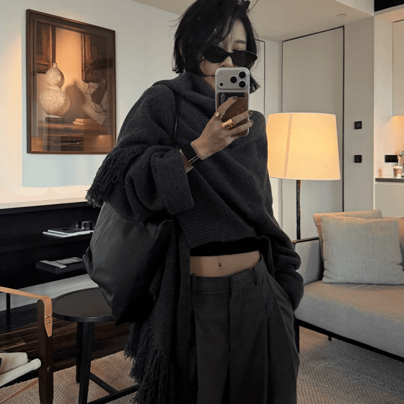술 제인 머리말 ayuko 무거운 순수한 양모 하나 의류 둘 착용 스카프 숄 스타일 느슨함 니트 오픈 가디건 이미지 2