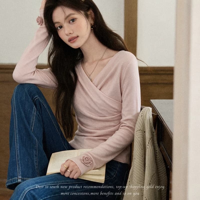 분말 안개 장미 핑크색 V넥 니트 스웨터 여성 가을 기본 셔츠 디자인 센스 티셔츠 긴팔 맨위 이미지 4