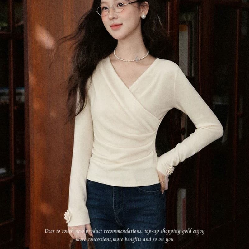 분말 안개 장미 핑크색 V넥 니트 스웨터 여성 가을 기본 셔츠 디자인 센스 티셔츠 긴팔 맨위 이미지 5