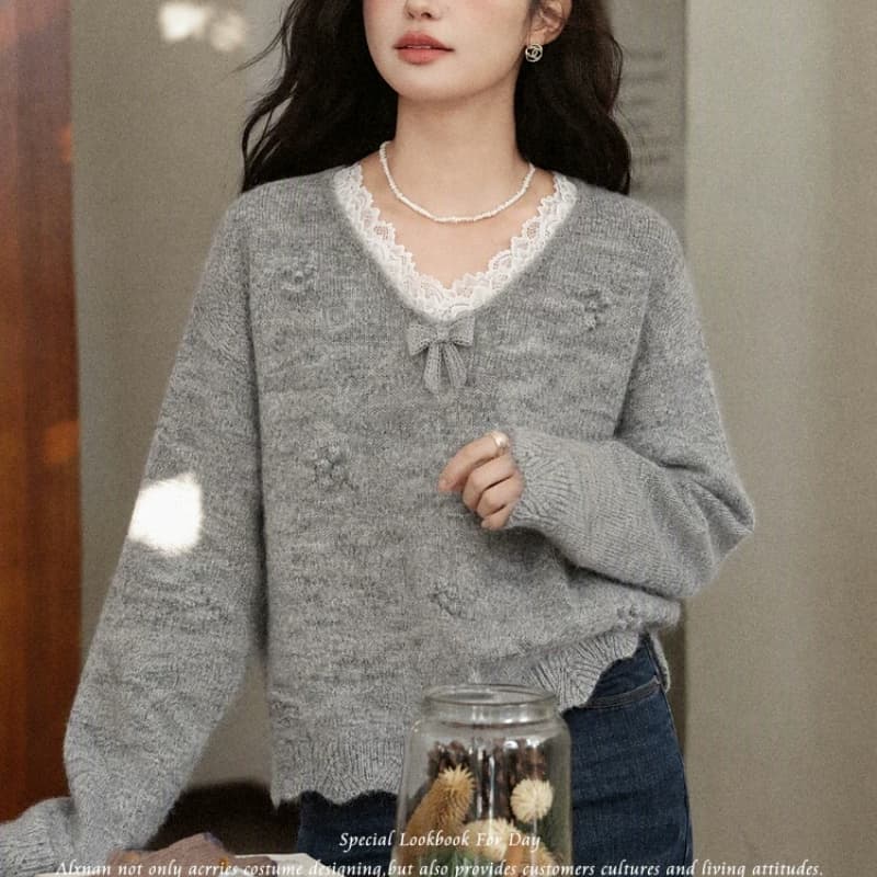 스와 리 안개 회색 느긋한 V넥 회색 니트 스웨터 여성 가을 긴팔 스웨터 레이스 양모 맨위 이미지 3