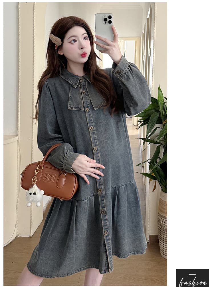 실사 출산 착용 가을 데님 플리츠 드레스 상세 이미지 11