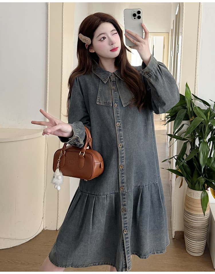 실사 출산 착용 가을 데님 플리츠 드레스 상세 이미지 14