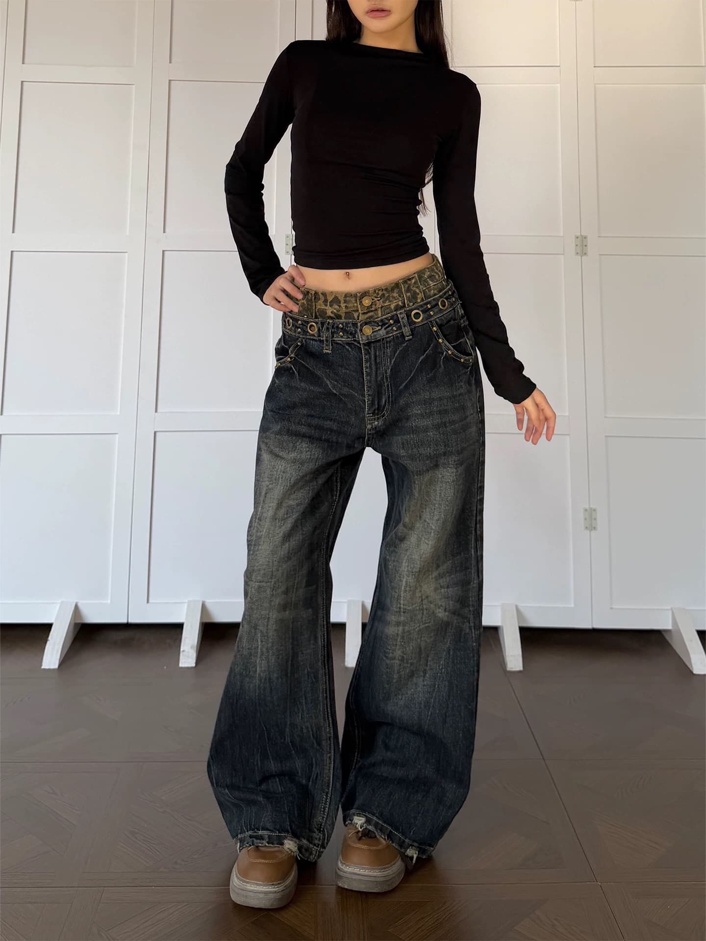 레오파드 무늬 패치워크 더블 바지 청바지 남녀 같은 단락 아메리칸 레트로 디자인 센스 스트레이트 와이드 레그 팬츠 상세 이미지 5